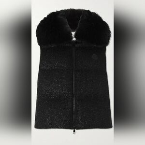 Moncler Vest Women's 2 Medium Carrelet Faux Fur Black Metallic Designer Winter